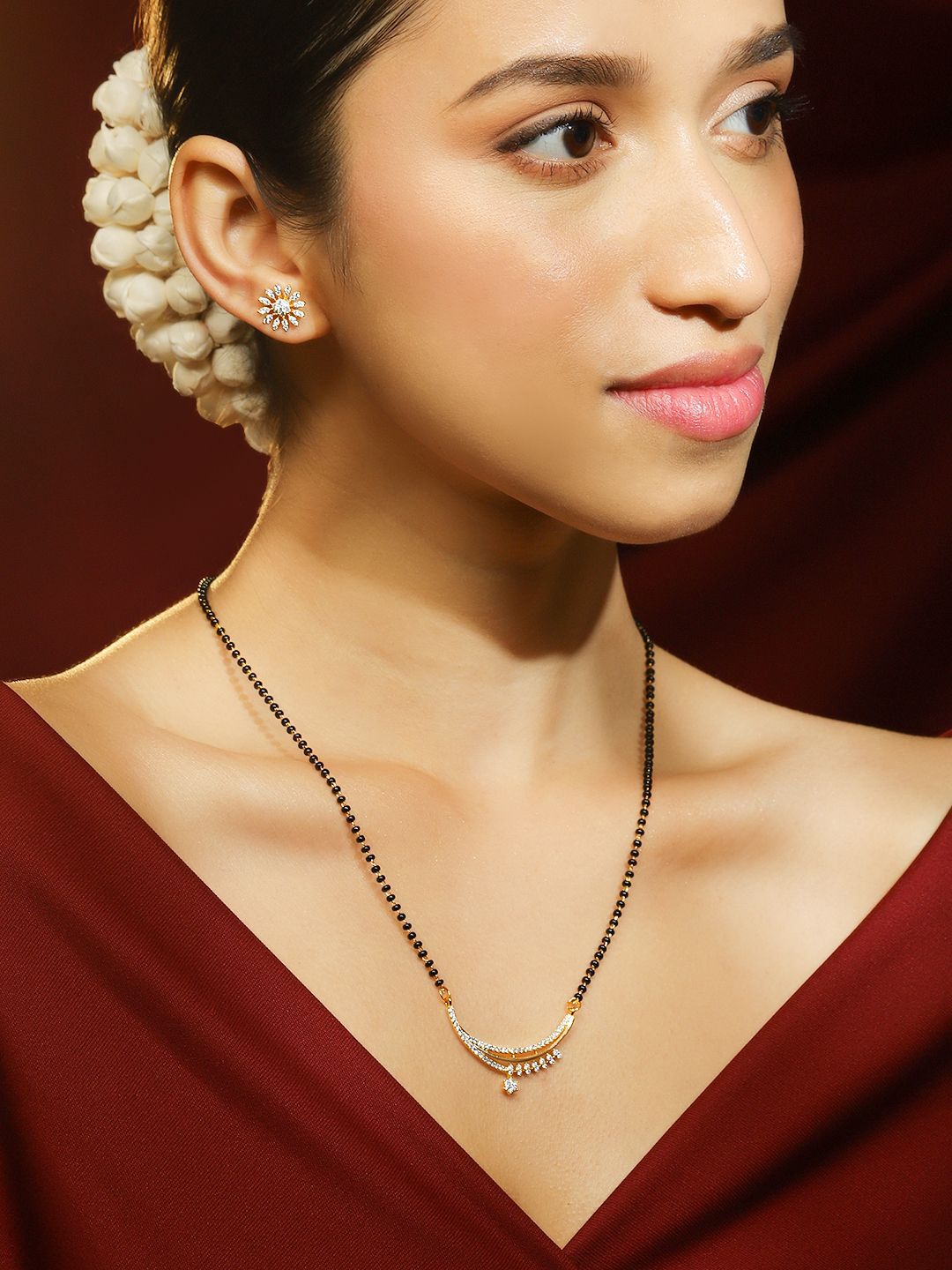 Dhiyona RJ Women's 18K Gold-Plated Cubic Zirconia Crescent Moon Mangalsutra Set with Black Beads Chain