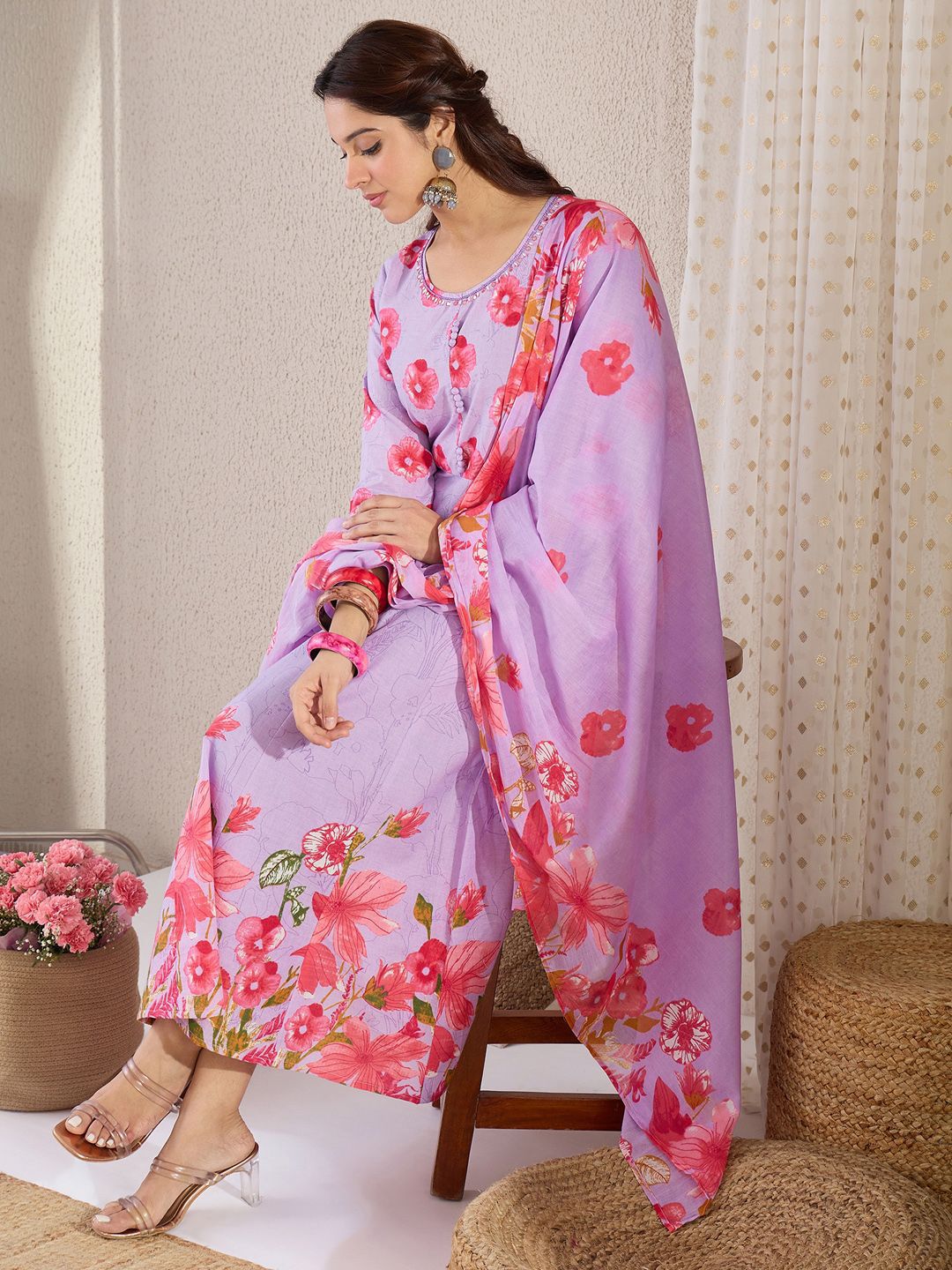 Women Floral Printed Cotton Kurta with Trousers & Dupatta