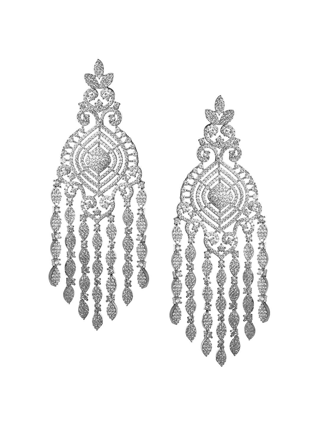 Dhiyona RJ Women's Rhodium Plated AAA Cubic Zirconia Studded Statement Chandelier Earrings