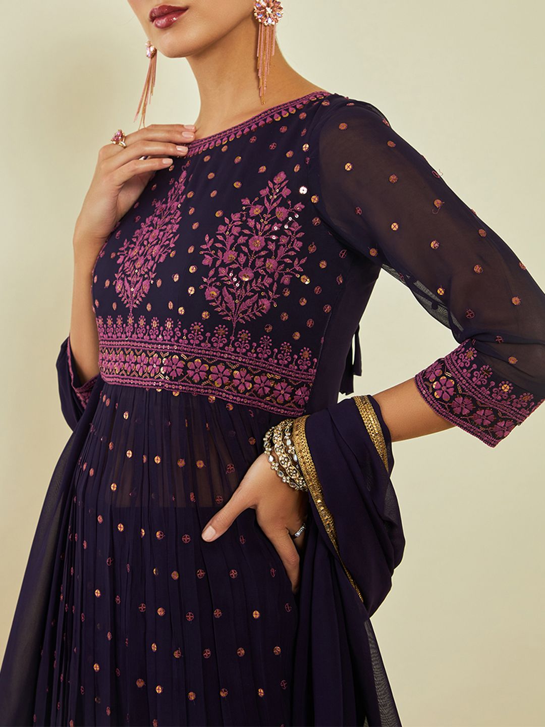 Dhiyona SO Women's Ethnic Motifs Embroidered Sequined Kurta with Palazzos & Dupatta