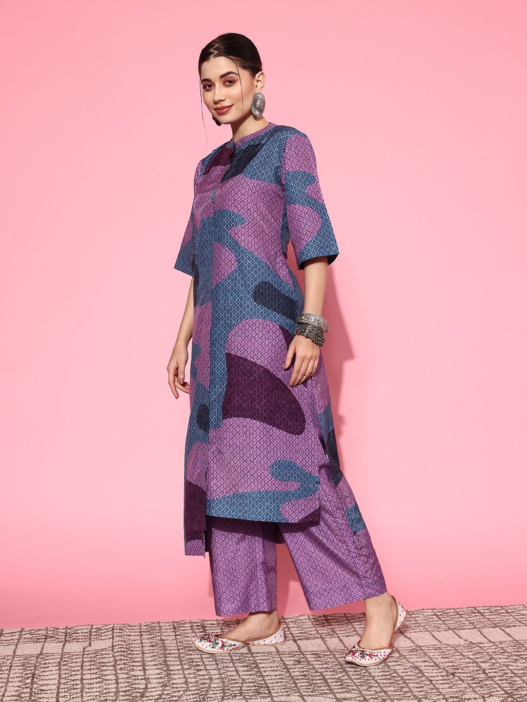Dhiyona VA Women'sAbstract Printed Mandarin Collar Kurta with Palazzos