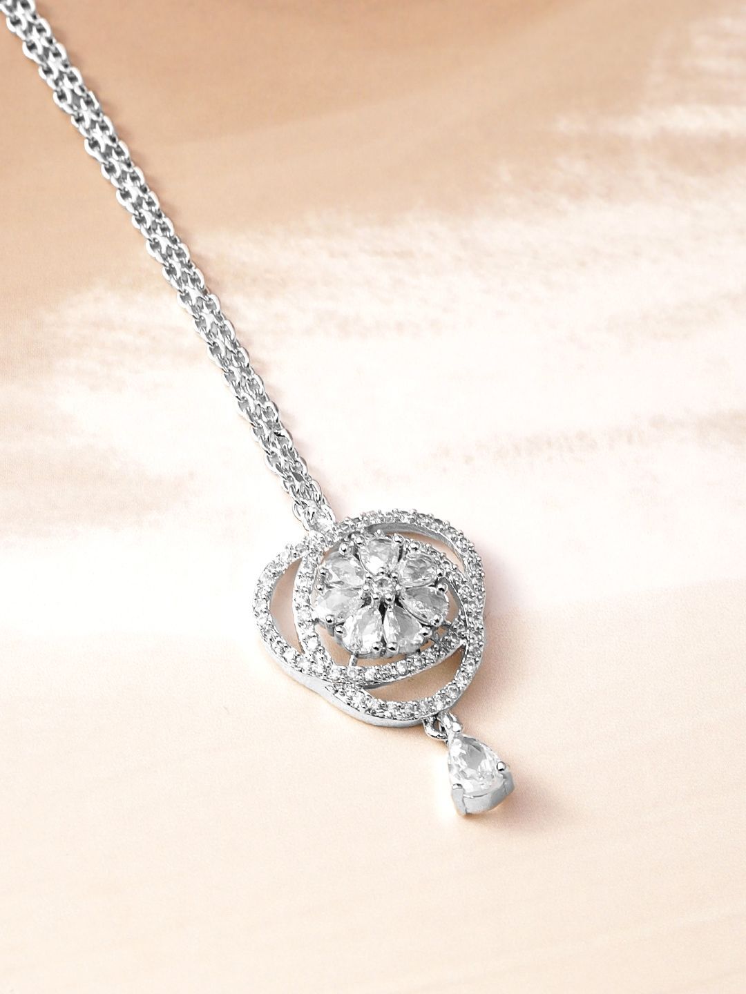 Dhiyona RJ Women's Rhodium-Plated White Cubic Zirconia Studded Statement Maang Tikka