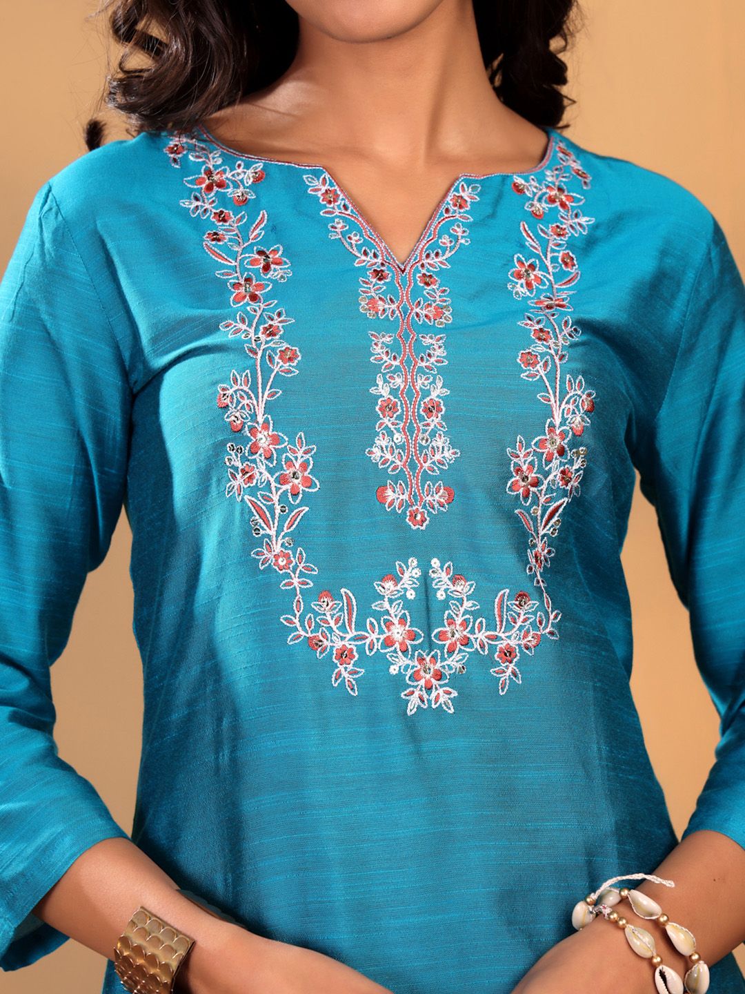 Dhiyona VA Women'sTurquoise Blue Floral Yoke Design Thread Work Kurta With Trouser & Dupatta