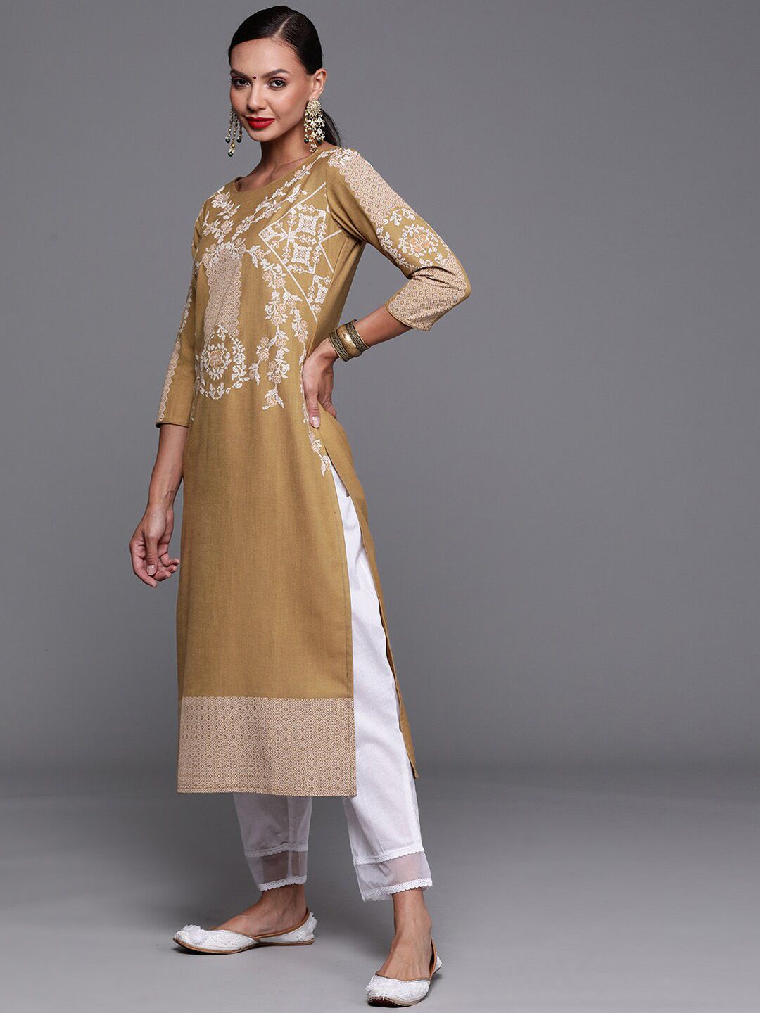 Dhiyona IE Ethnic Motifs Printed Boat Neck Cotton Kurta