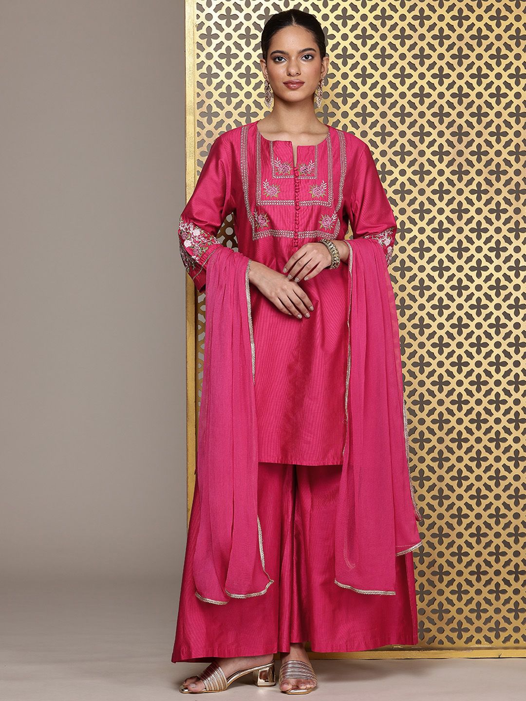 Dhiyona PD Women Floral Embroidered Thread Work Jashn Kurta with Palazzos & Dupatta