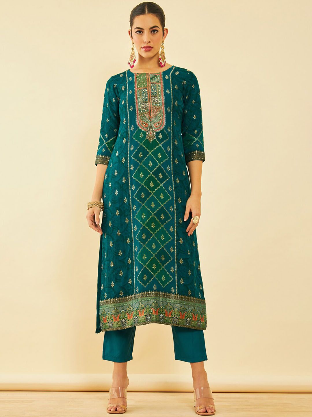 Dhiyona SO Women's Floral Printed Round Neck Three-Quarter Sleeves Kurta with Trousers & With Dupatta