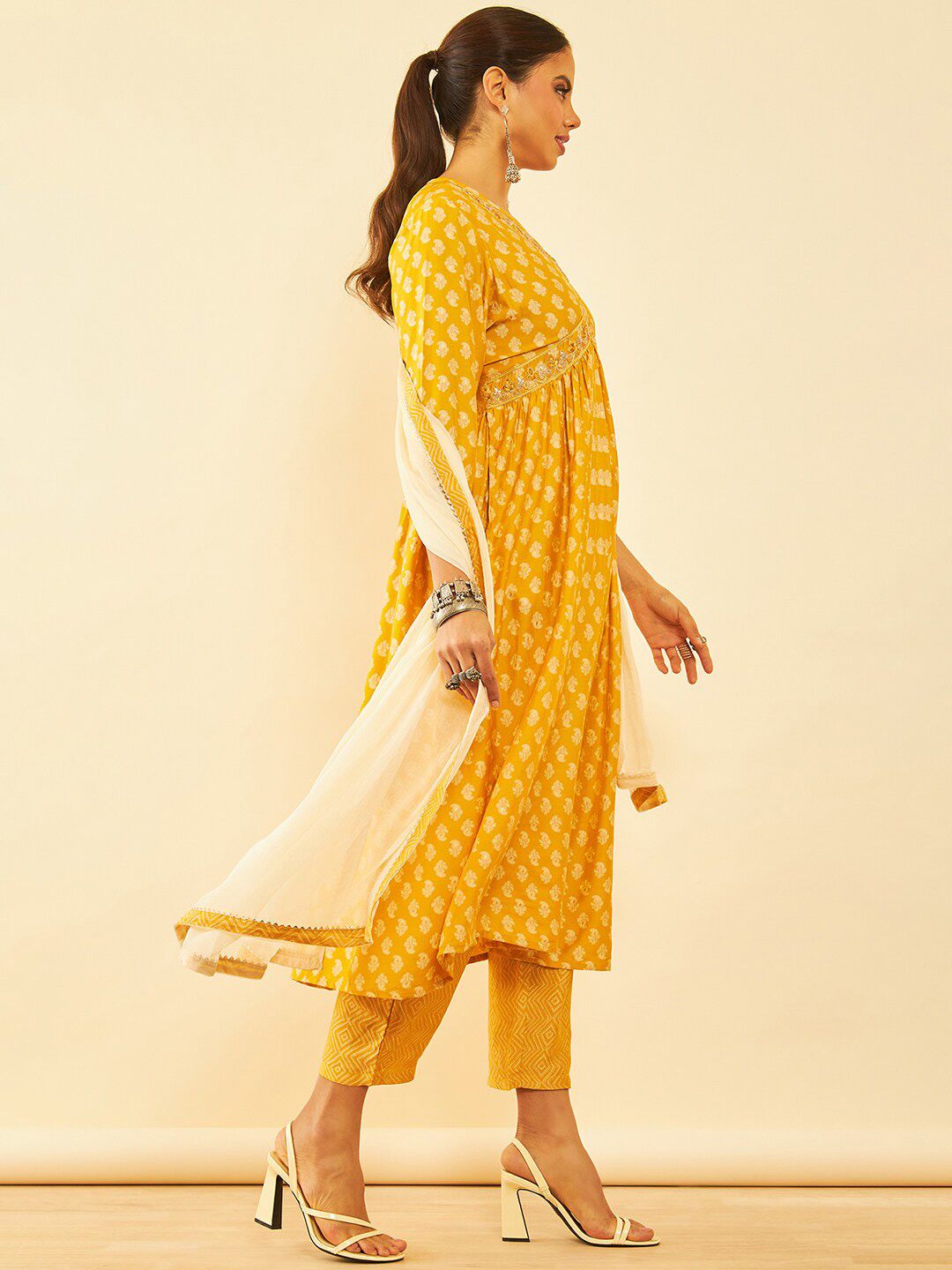 Dhiyona SO Women's Mustard Yellow Floral Printed Sequinned A-Line Kurta with Trousers & Dupatta