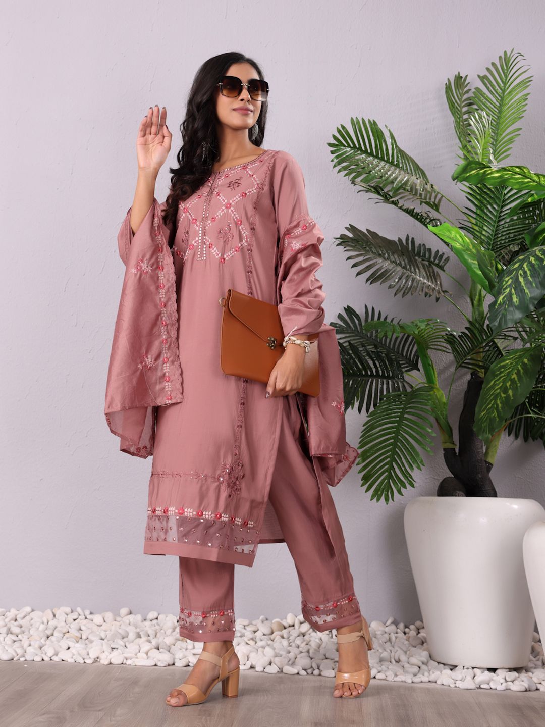Dhiyona VA Women'sMauve Floral Embroidered Mirror Work Kurta With Trousers & Dupatta