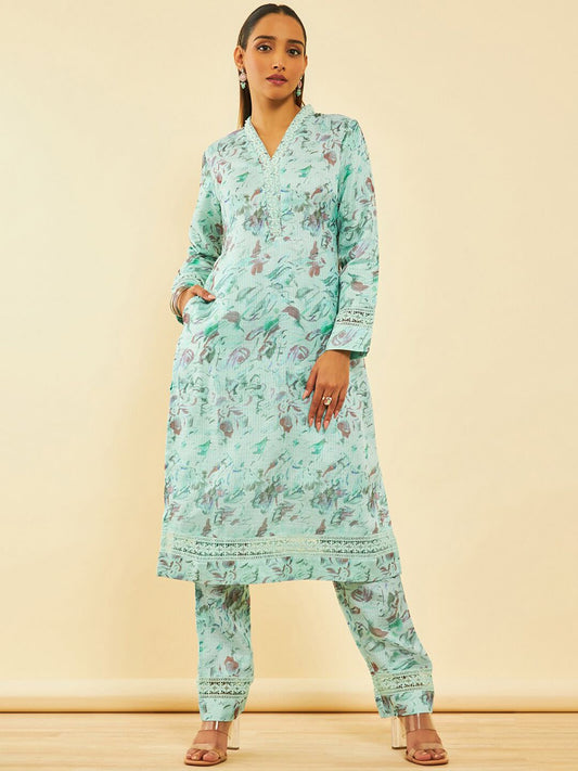 Dhiyona SO Women's Floral Printed V-Neck Beads and Stones Straight Kurta with Trousers