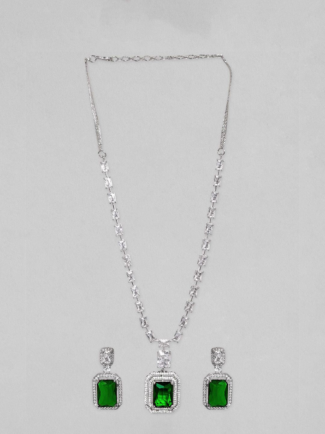 Dhiyona RJ Women's Rhodium-Plated Emerald Green & Cubic Zirconia Studded Necklace Set
