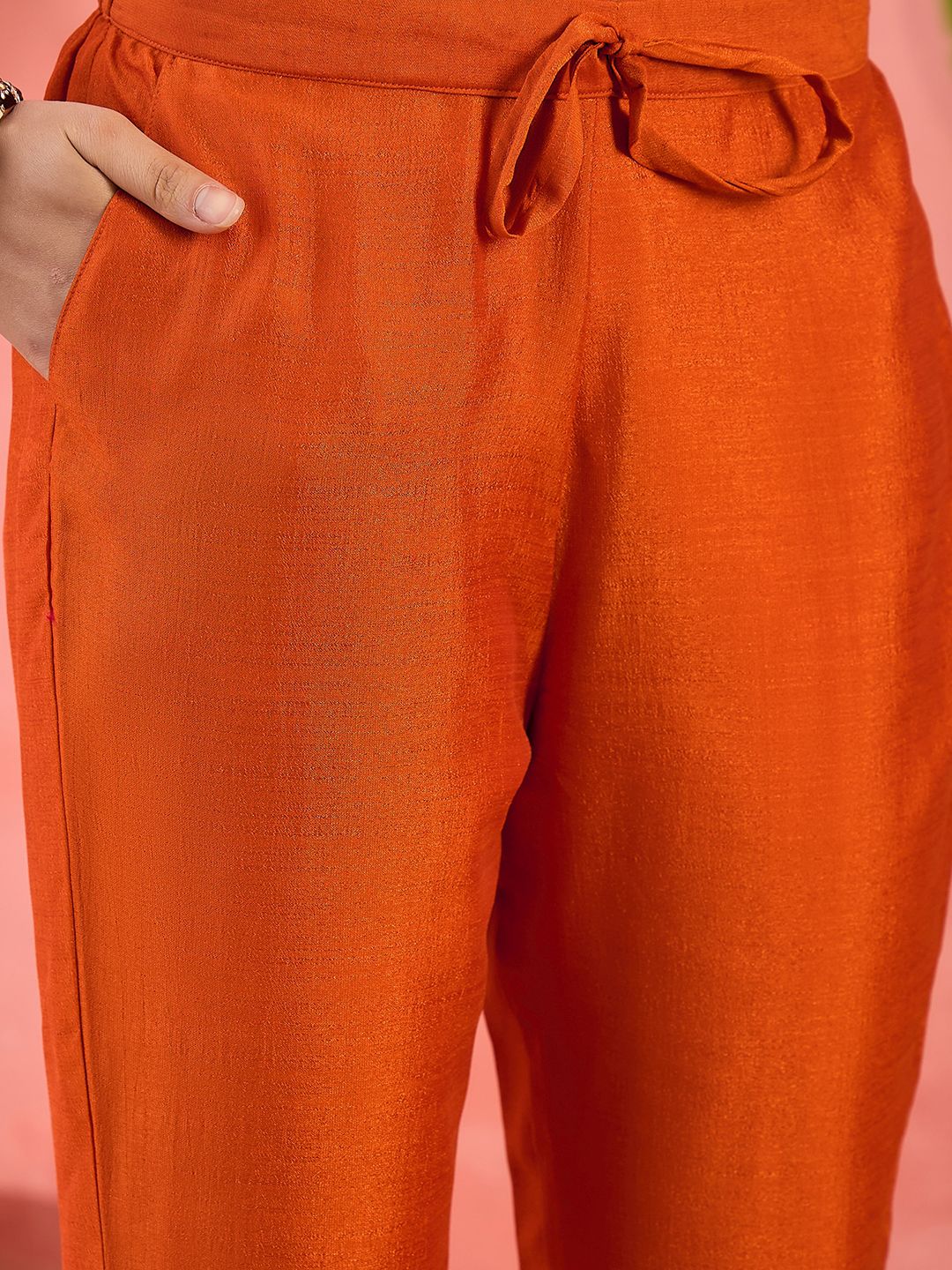 Dhiyona SN Women's Orange Mirror Work V-Neck Empire A-Line Kurta With Trousers And Dupatta