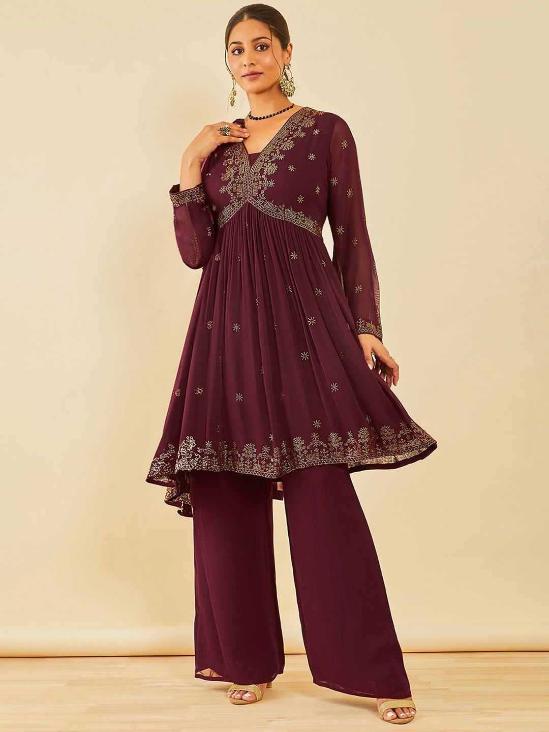 Dhiyona SO Women's Women Alia Cut Floral Embroidered Angrakha Beads and Stones Kurta with Palazzos & With Dupatta