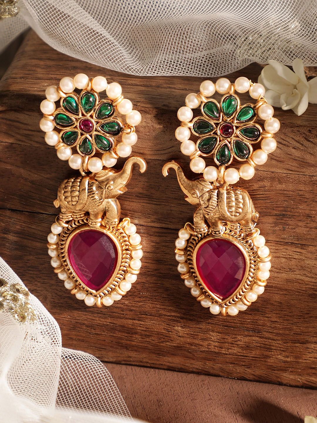 Dhiyona RJ Women's 18K Gold-Plated Red & Green Stone Studded Elephant Motif Earring with Pearl Accents