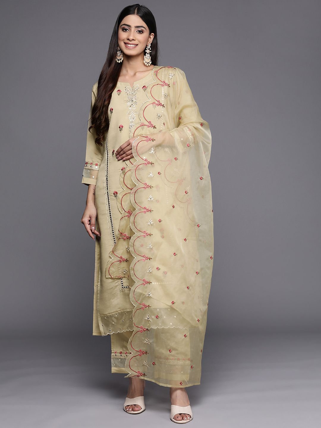 Dhiyona VA Women'sFloral Embroidered Mirror Work Kurta with Trousers & Dupatta