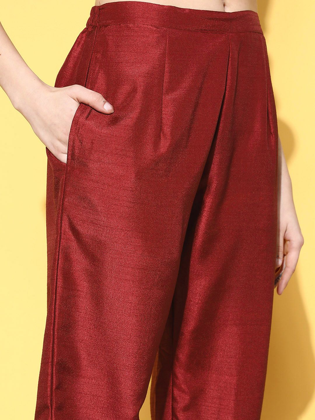 Women Maroon & Gold-Toned Ethnic Motifs Woven Design Kurta with Palazzos