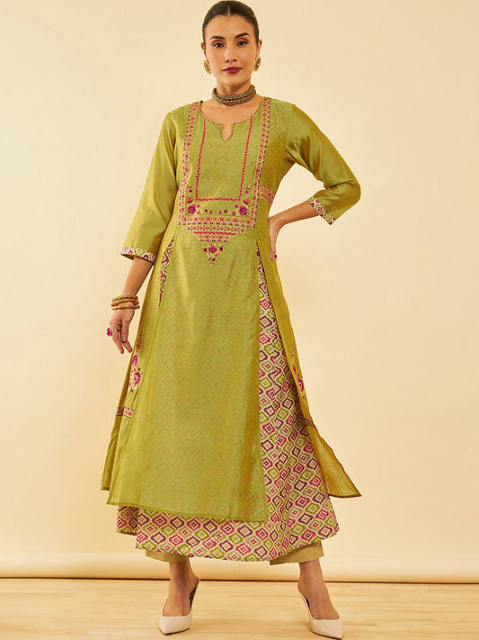 Dhiyona SO Women's Olive Floral Embroidered Thread Work Layered A-Line Kurta With Trousers & Dupatta