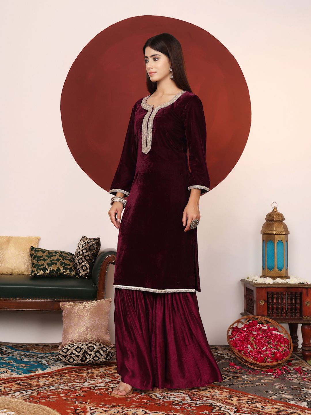Dhiyona VA Women's Zari & Sequin Embroidered Neck Velvet Winter Kurta with Sharara & Dupatta
