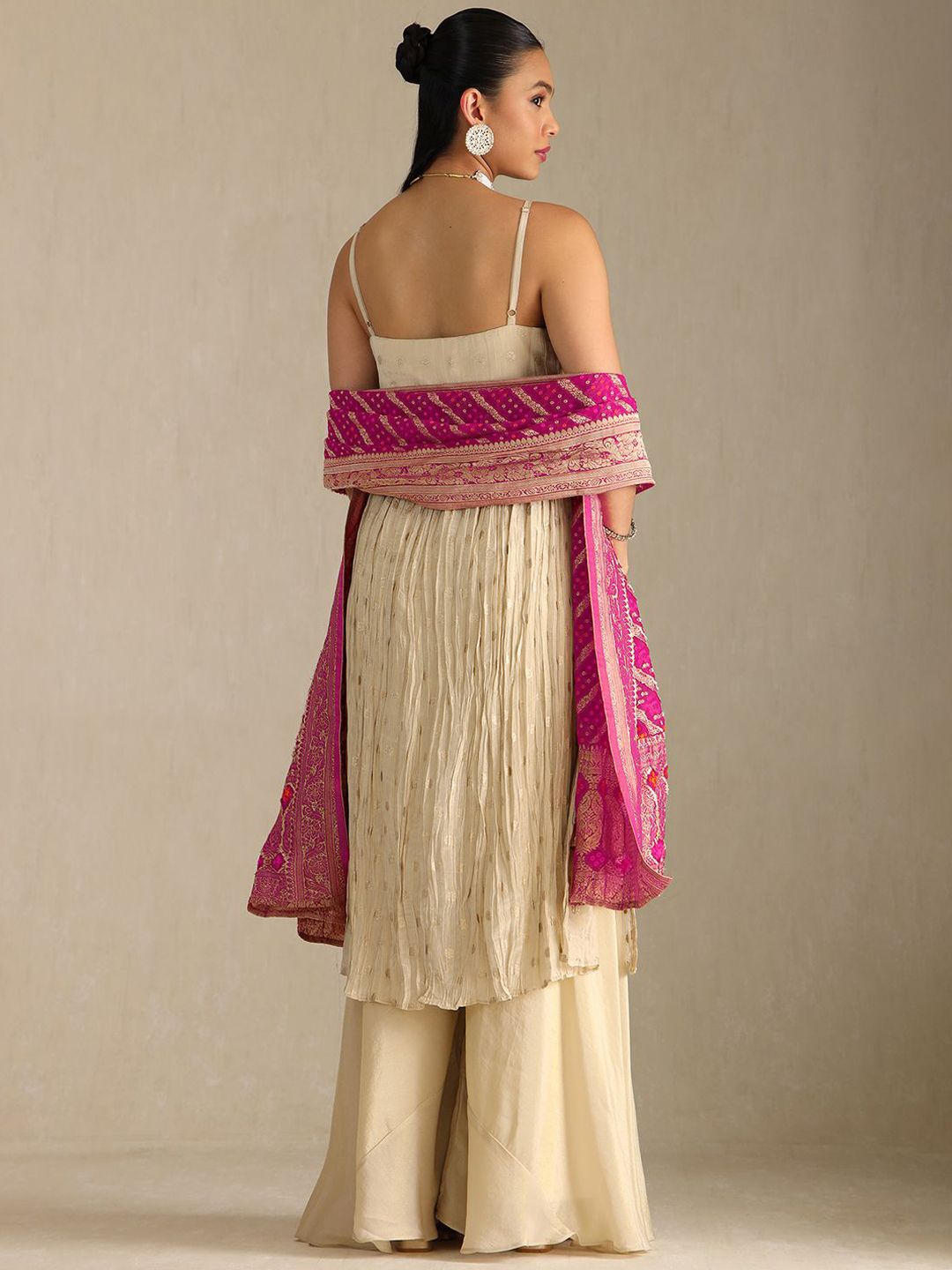 Dhiyona SO Women's Floral Woven Design Sequinned Pleated Anarkali Tissue Kurta With Palazzos & Dupatta