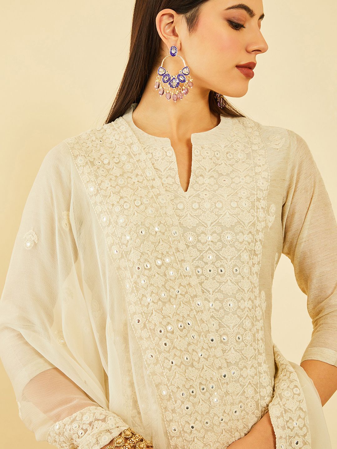 Dhiyona SO Women's Beige Floral Embroidered Chanderi Silk Straight Kurta With Trousers & Dupatta