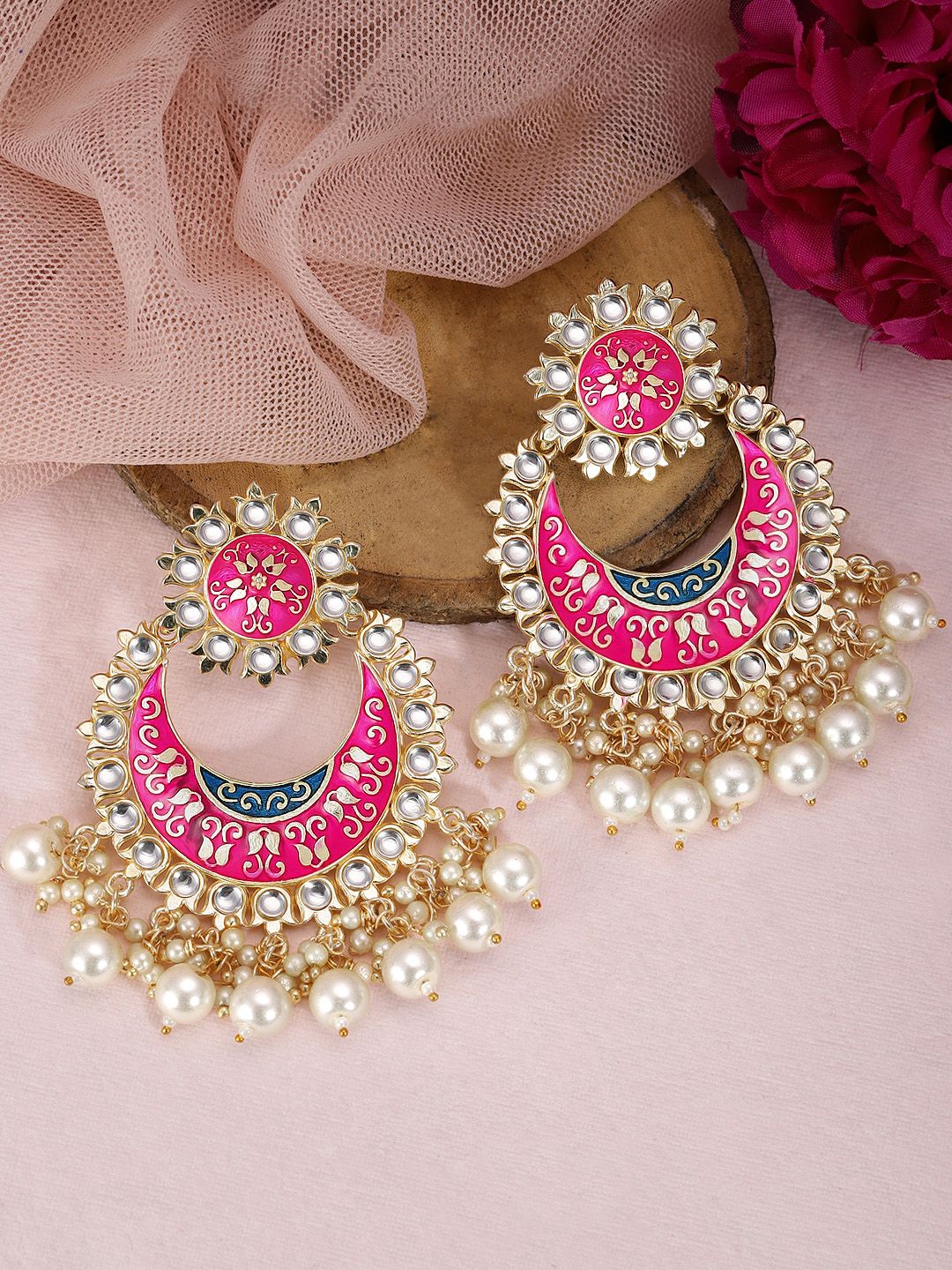 Dhiyona RJ Women's Pink Gold-Plated Stone-Studded & Beaded Crescent Shaped Meenakari Chandbalis