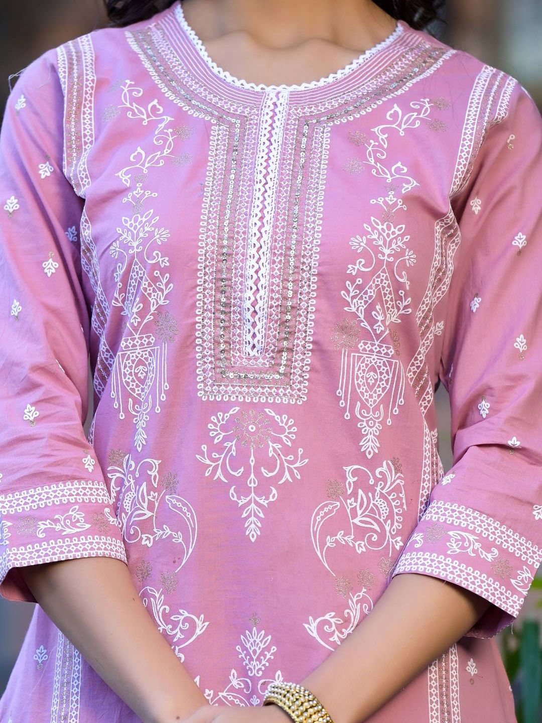 Dhiyona VA Women'sFloral Printed Regular Miirror Work Pure Cotton Kurta With Trouser & Dupatta