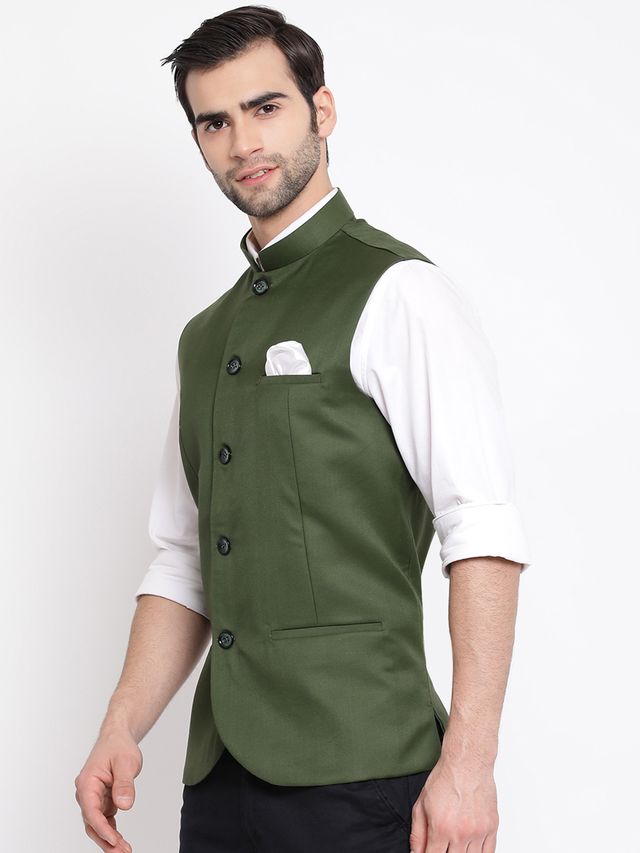 Men's Green Cotton Silk Straight Nehru Jacket