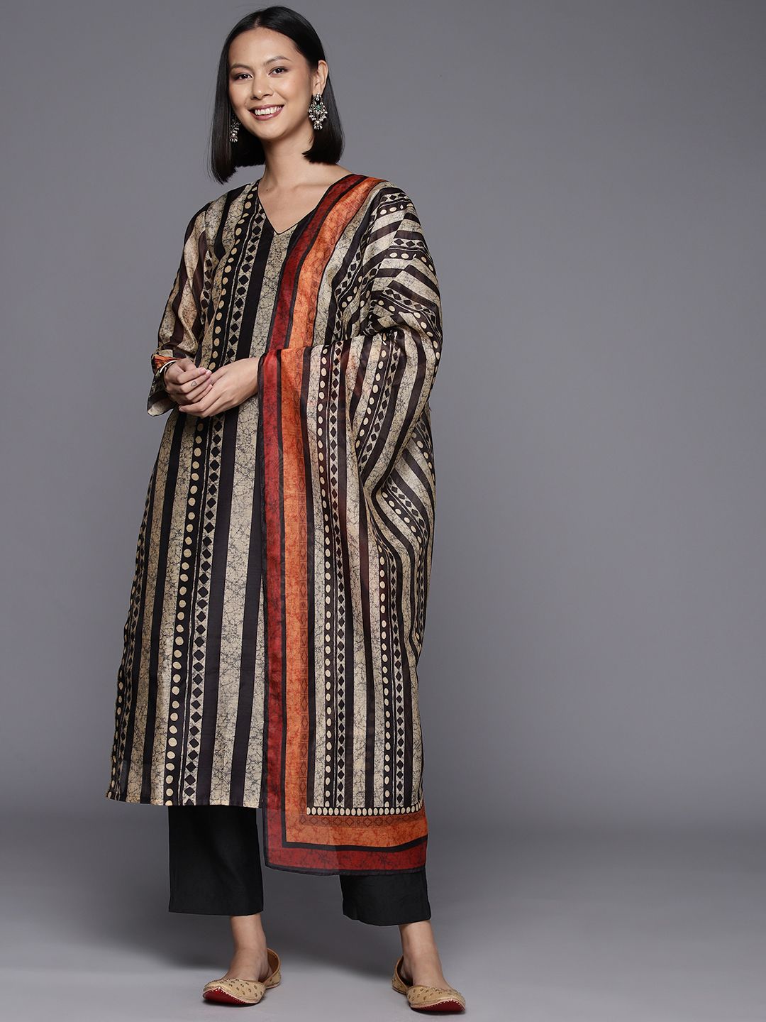 Dhiyona VA Women'sPrinted Regular Chanderi Cotton Kurta with Trousers & Dupatta