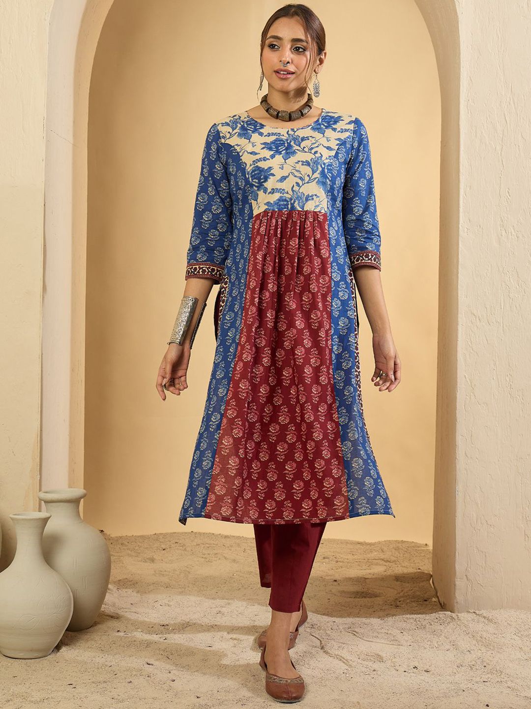 Dhiyona IE Floral Printed Pure Empire Cotton Kurta With Trousers