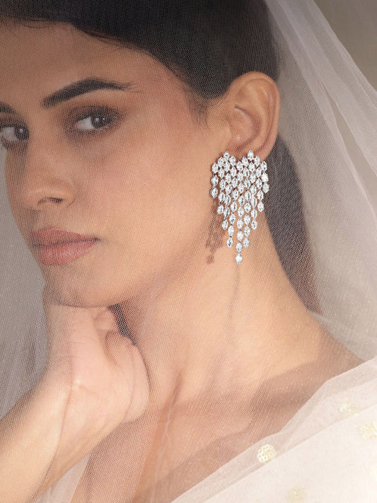 Dhiyona RJ Women's Rhodium-Plated Teardrop Crystal Zirconia Dangle Earrings with Heart Details