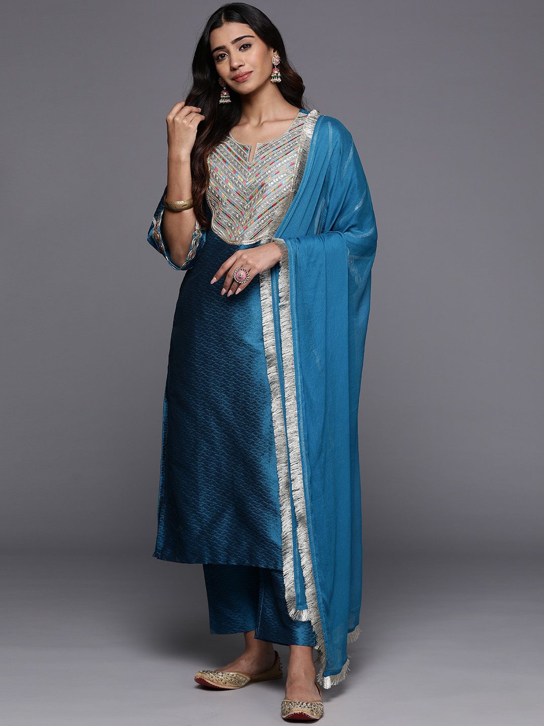 Dhiyona VA Women'sEthnic Motifs Embroidered Regular Sequinned Kurta with Trousers & Dupatta