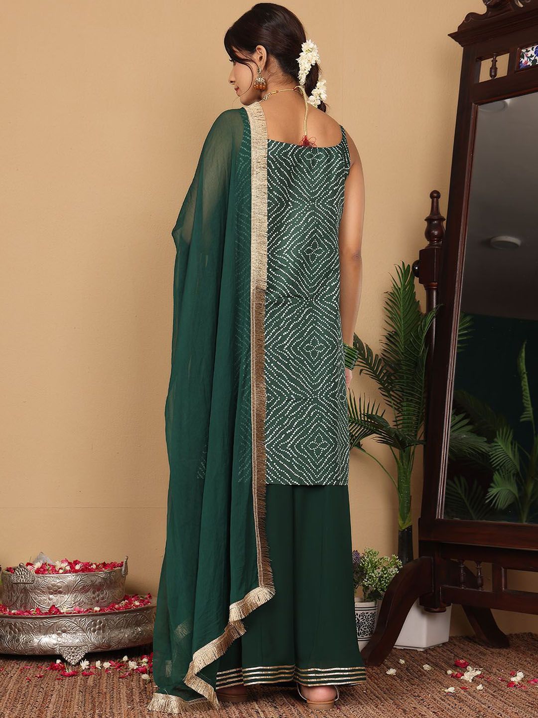 Dhiyona VA Women'sBandhani Printed Beads and Stones Pure Silk Straight Kurta With Palazzo & Dupatta