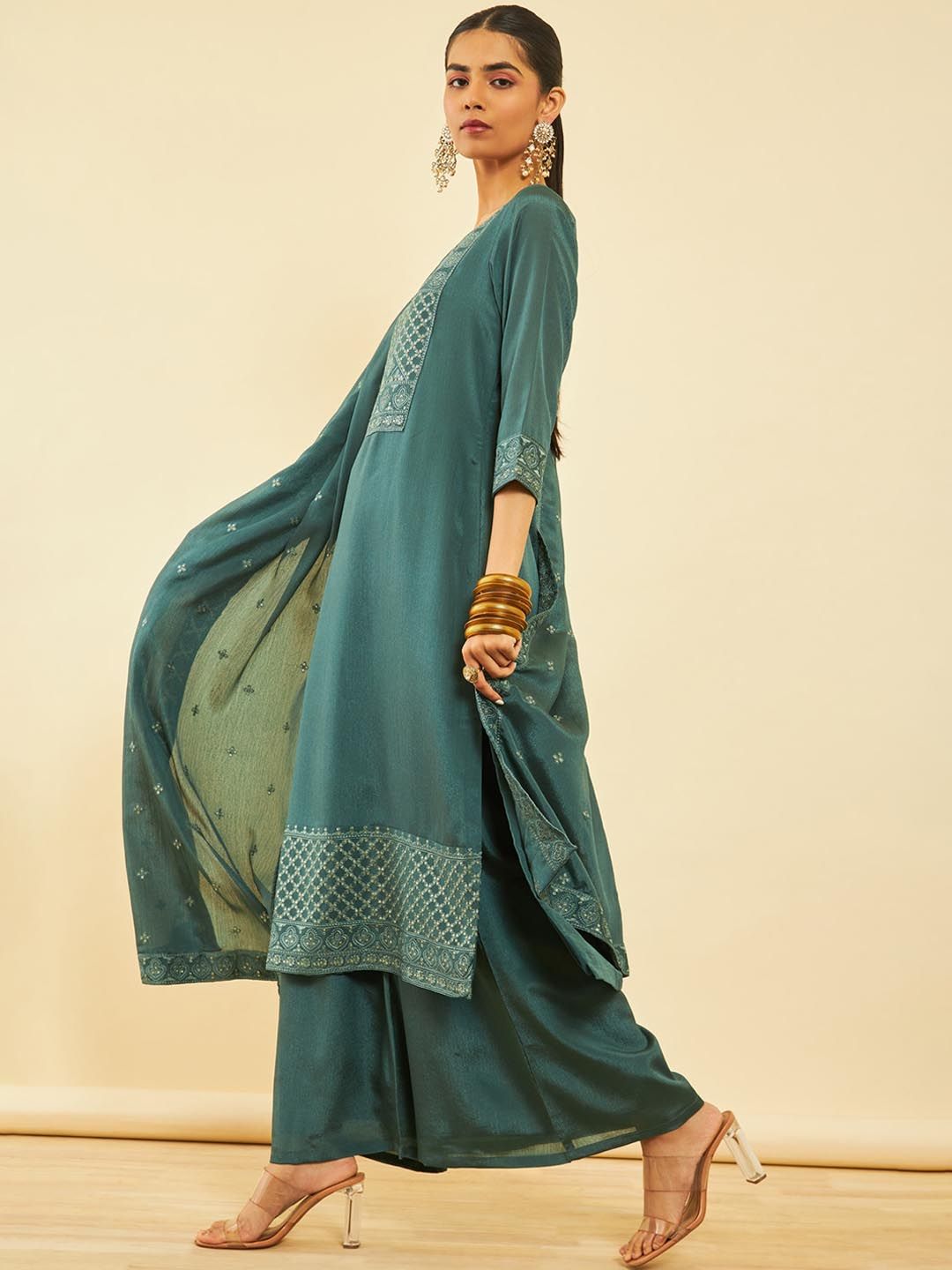 Dhiyona SO Women's Ethnic Motifs Yoke Design Regular Sequinned Kurta with Palazzos & Dupatta
