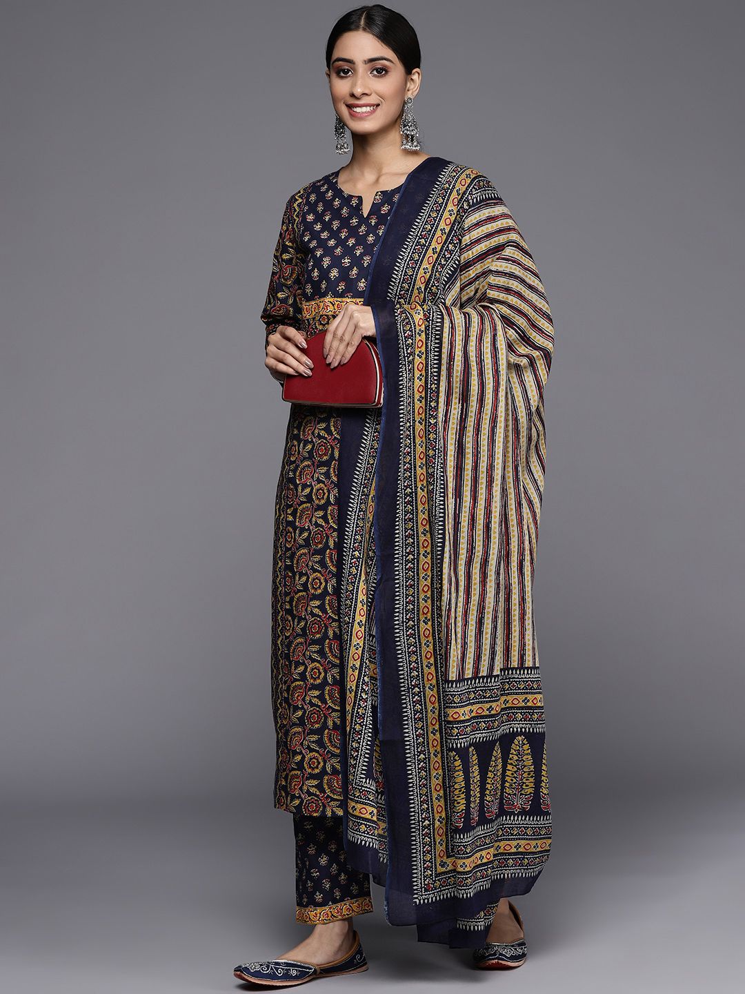 Dhiyona VA Women's Navy Blue Ethnic Motifs Printed Pure Cotton Kurta with Trousers & With Dupatta