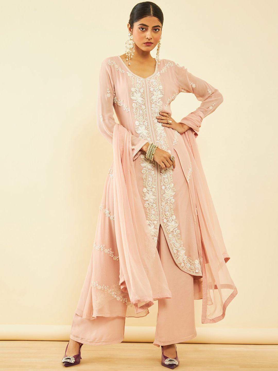 Dhiyona SO Women's Alina Cut Floral Embroidered Beads and Stones Kurta & Palazzos With Dupatta