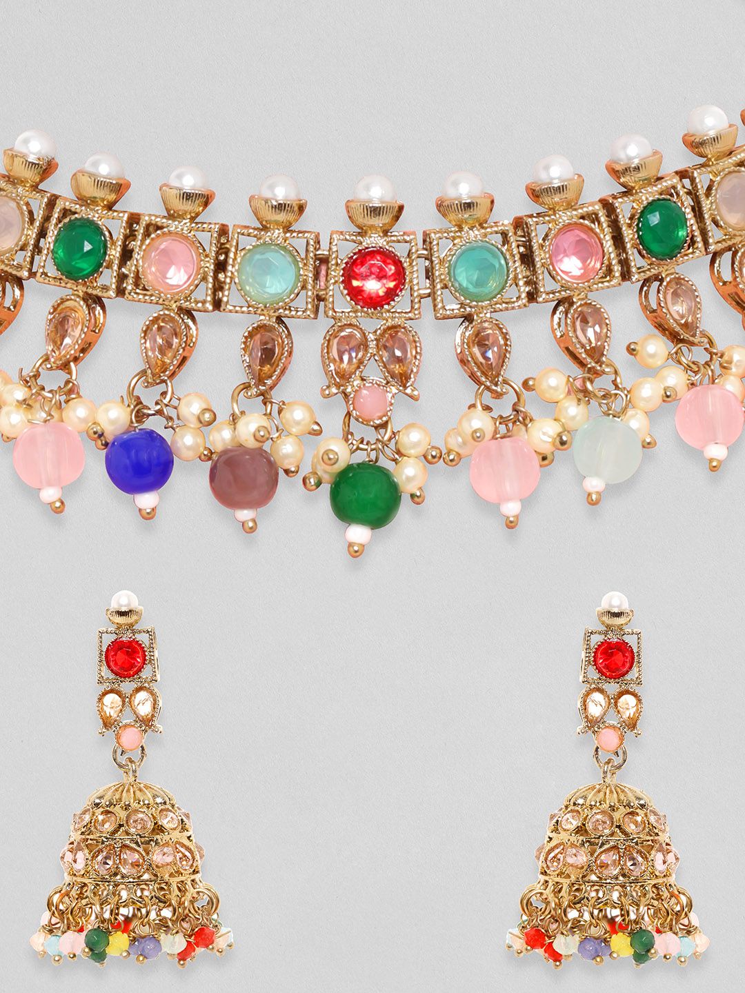 Dhiyona RJ Women's Gold-Plated Multi Color CZ Studded pearl beaded Handcrafted Jewellery Set