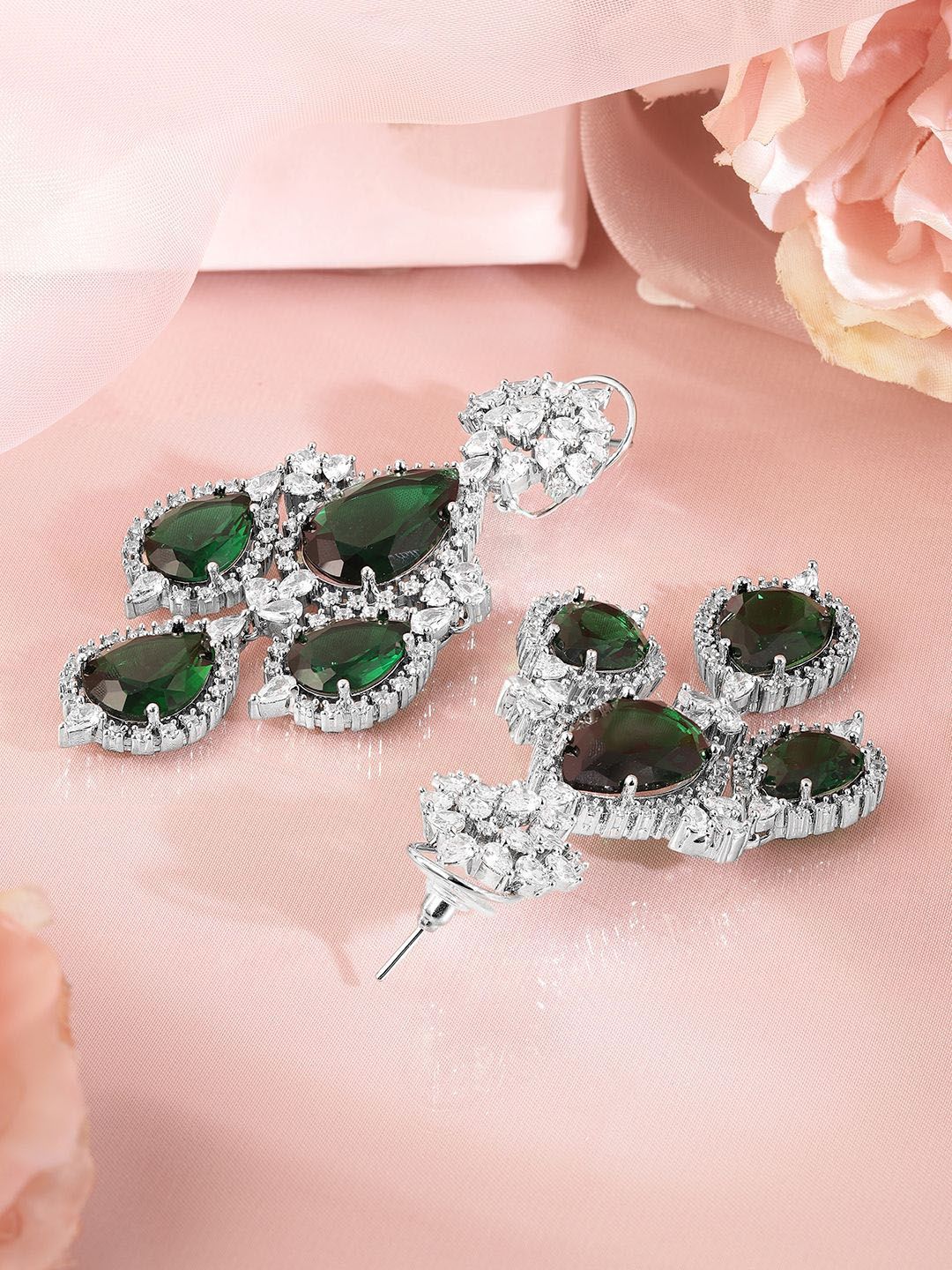 Dhiyona RJ Women's Silver-Plated Emerald Green & Cubic Zirconia Studded Premium Chandelier Earrings