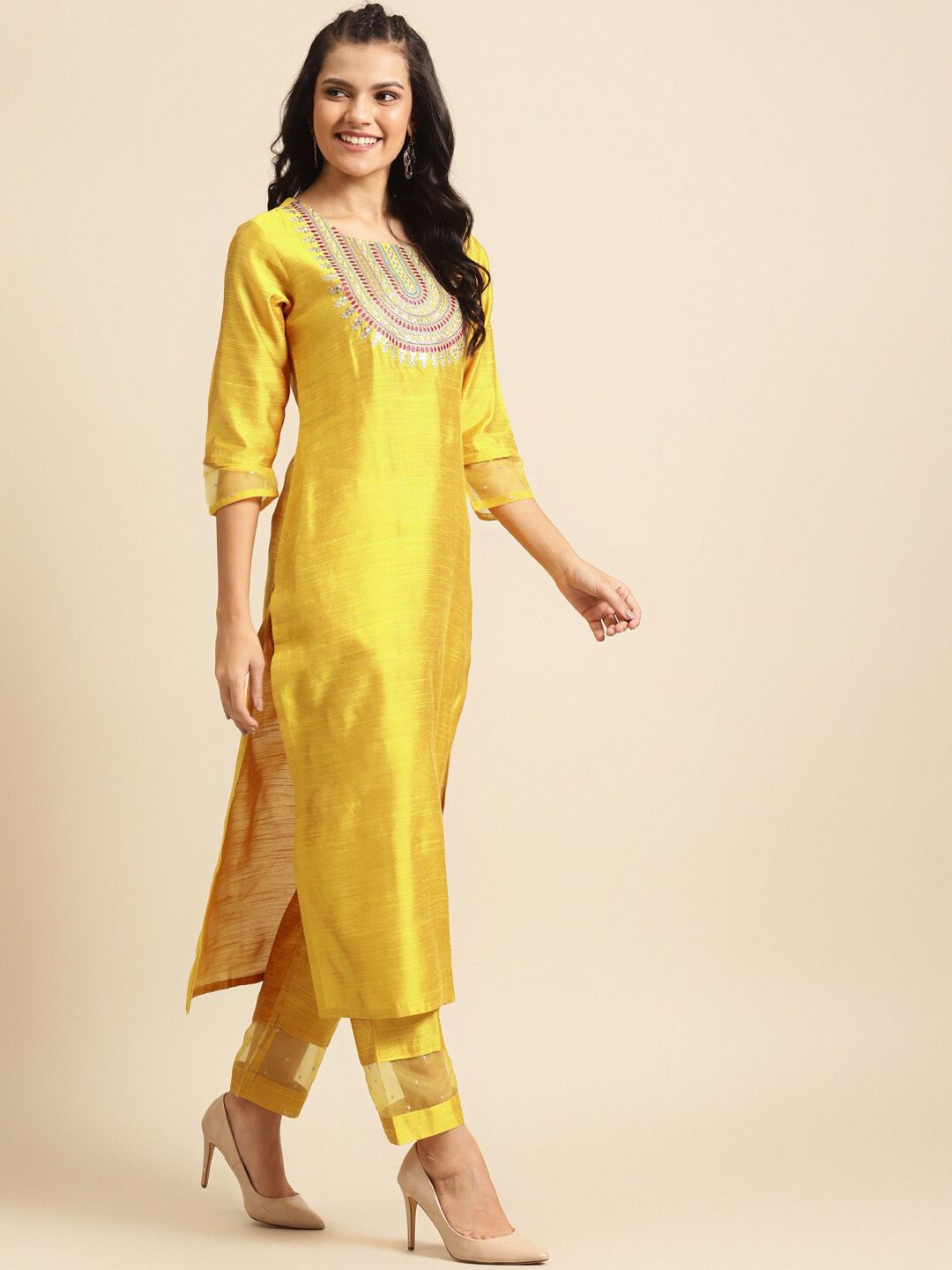 Dhiyona VA Women's Mustard Yellow Embroidered Sequinned Kurta Set with Dupatta