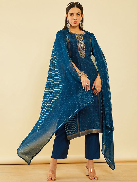 Dhiyona SO Women's Bandhani Printed Straight Kurta With Trousers & Dupatta