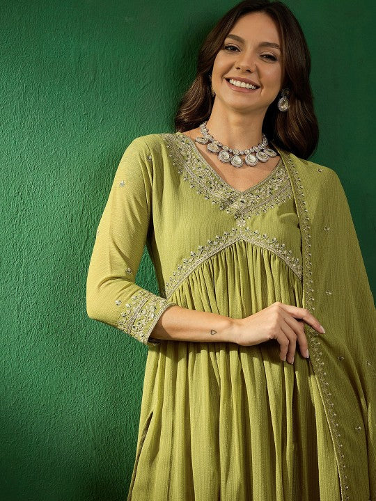 Women's Embroidered V-Neck Kurta With Trousers & Dupatta