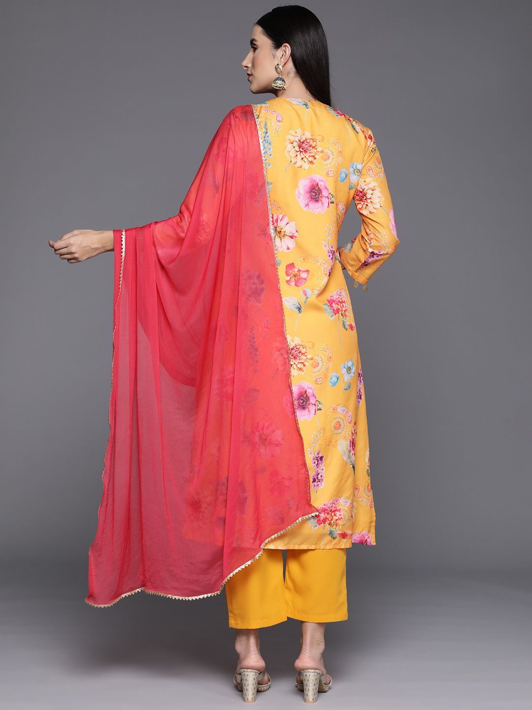 Dhiyona VA Women's Floral Printed Empire Beads and Stones Kurta with Trousers & With Dupatta