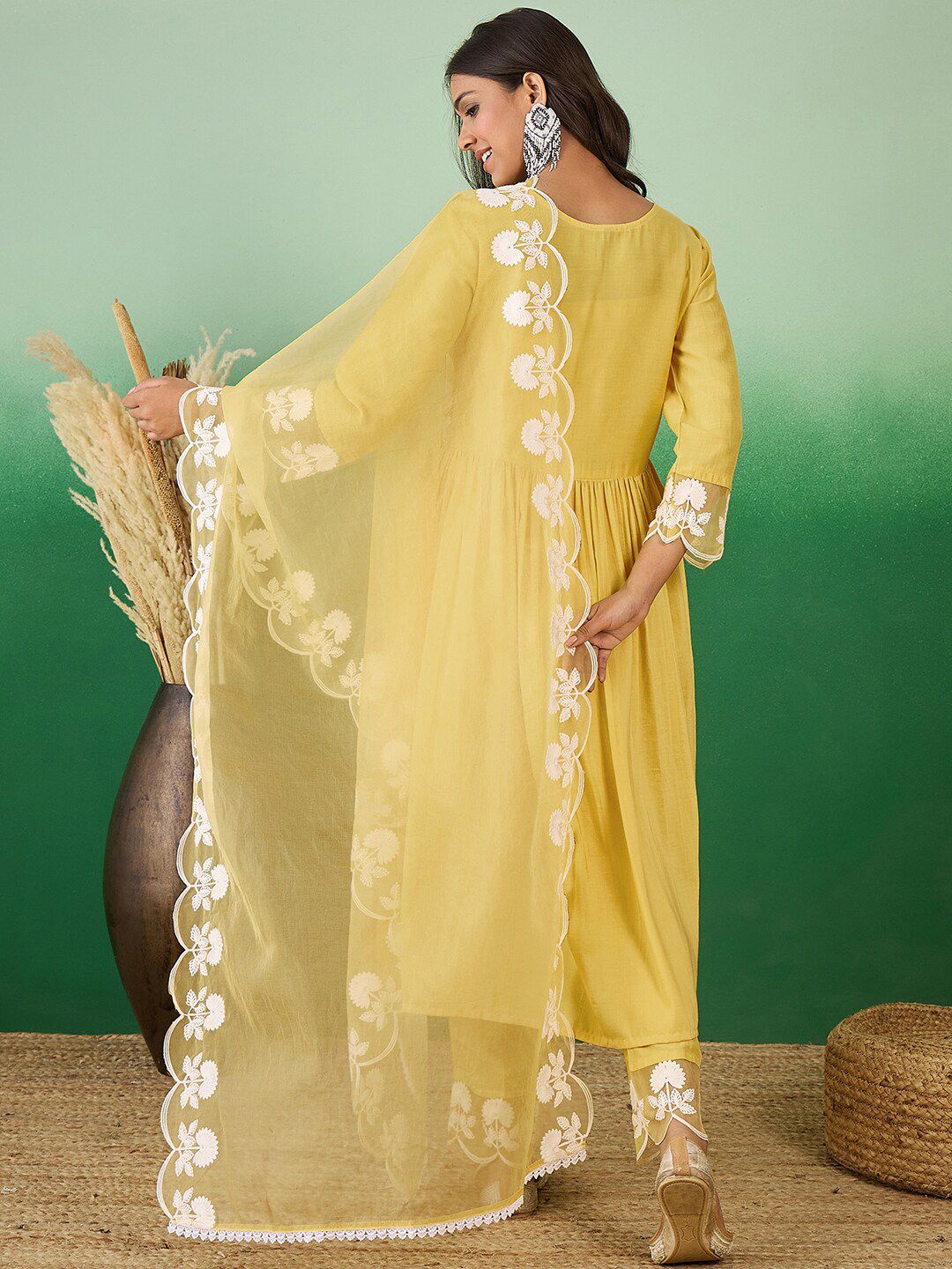 Dhiyona SN Women's Floral Embroidered V-Neck A-Line Kurta With Trouser & Dupatta