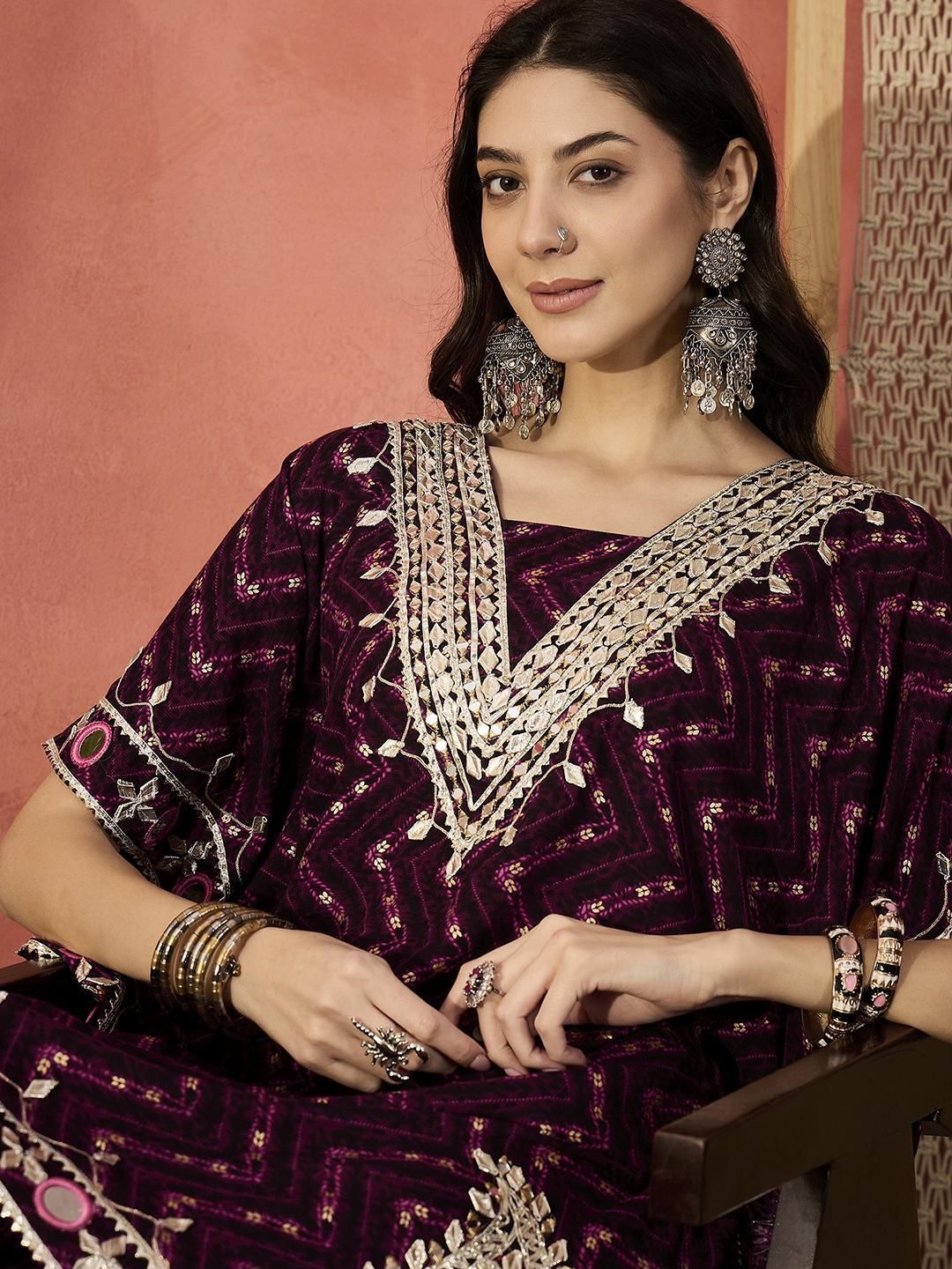 Dhiyona IS Women's Geometric Printed V-Neck Gotta Patti Kaftan Kurti With Trousers