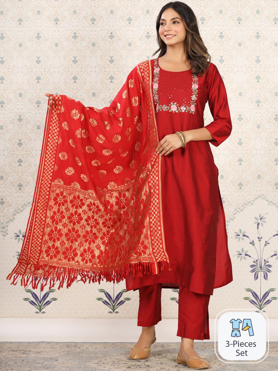 Dhiyona OD Floral Yoke Design Kurta With Trousers & Dupatta
