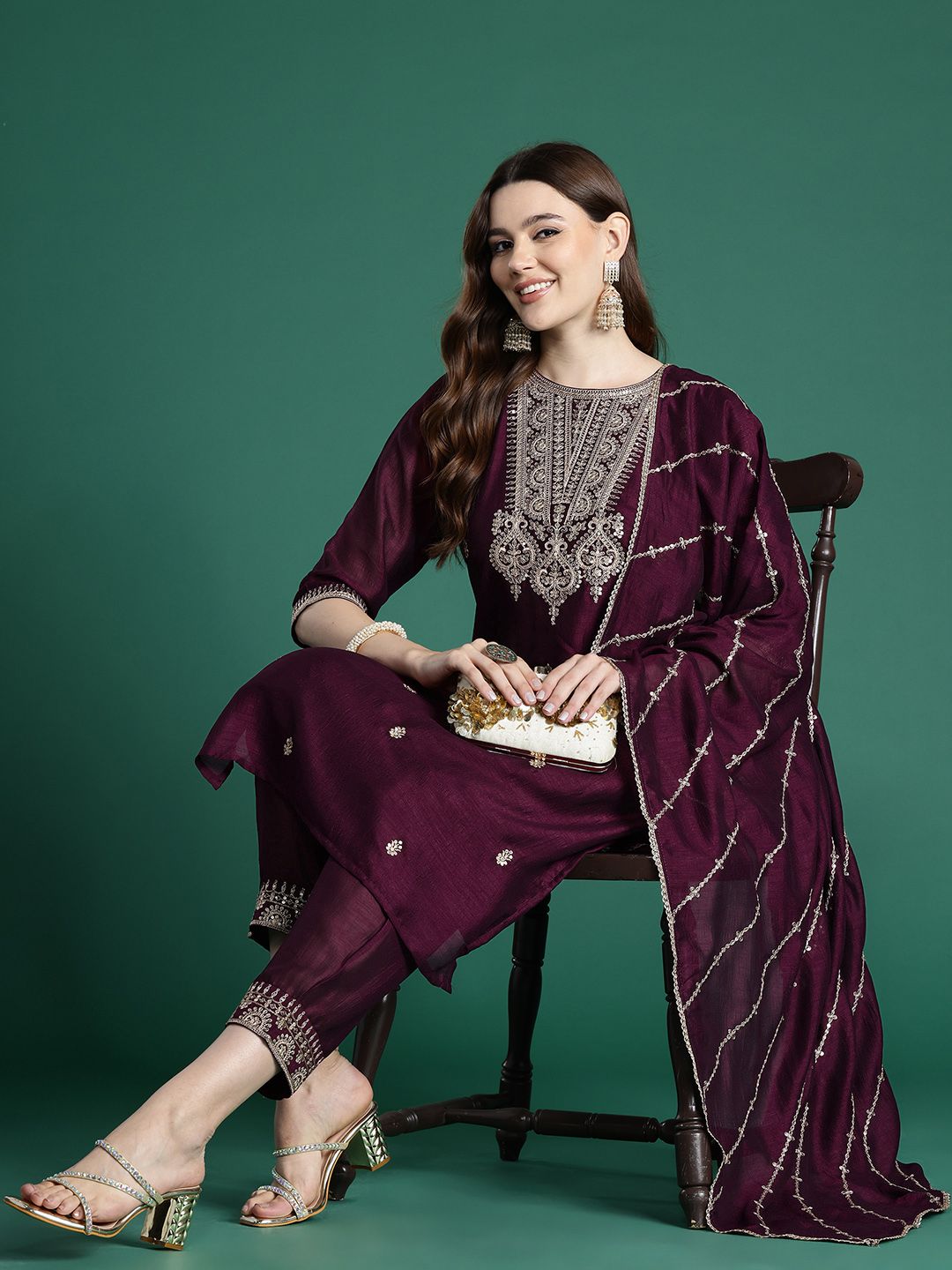 Ethnic Motifs Embroidered Kurta with Trousers & With Dupatta
