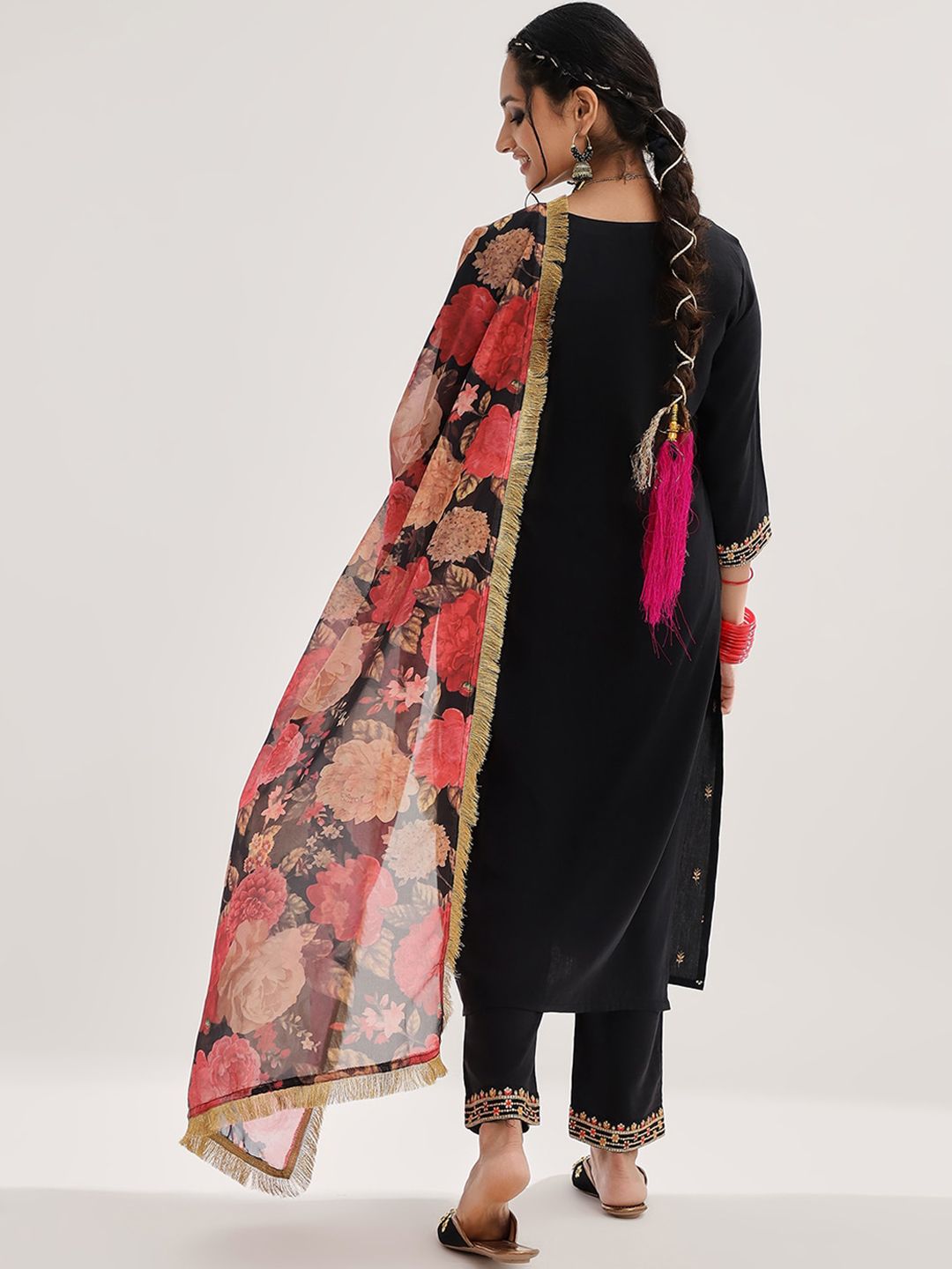 Dhiyona VA Women'sBlack Ethnic Motifs Embroidered Sequinned Straight Kurta & Trousers With Dupatta