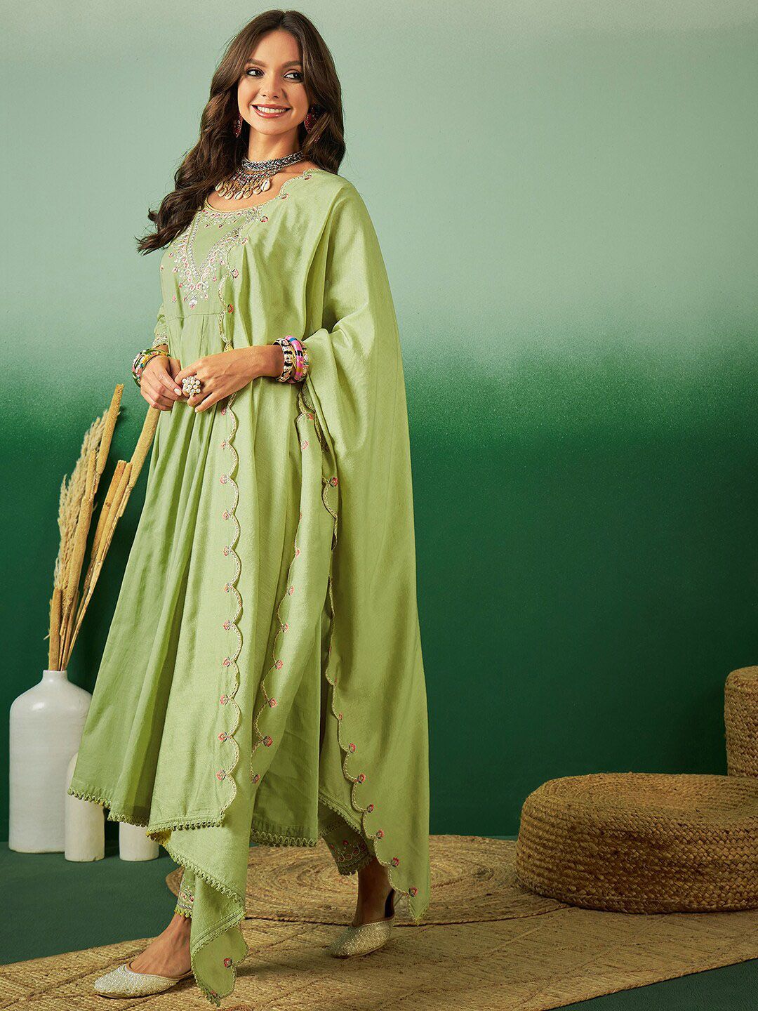 Dhiyona SN Women's Sequence Embroidered Pure Cotton Anarkali Kurta With Trousers & Dupatta
