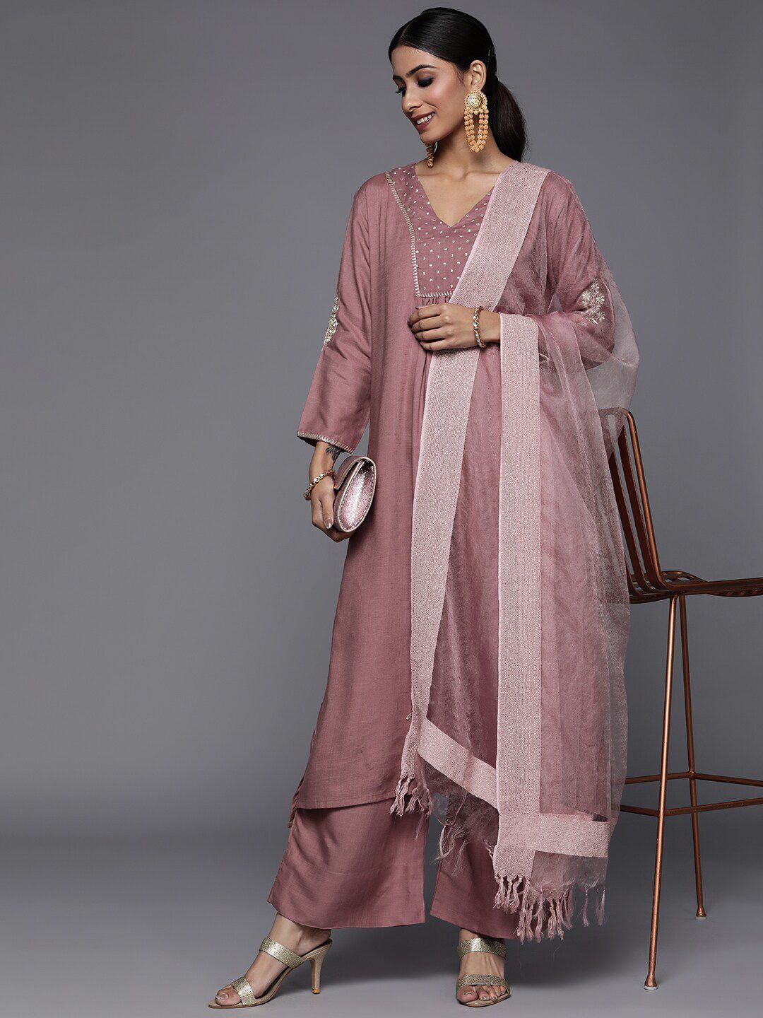 Dhiyona VA Women'sGeometric Embroidered A-Line Kurta with Palazzos & With Dupatta