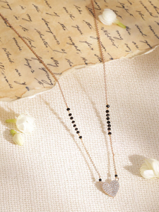 Dhiyona RJ Women's Women Rose Gold Plated CZ Studded Heart Pendant Mangalsutra