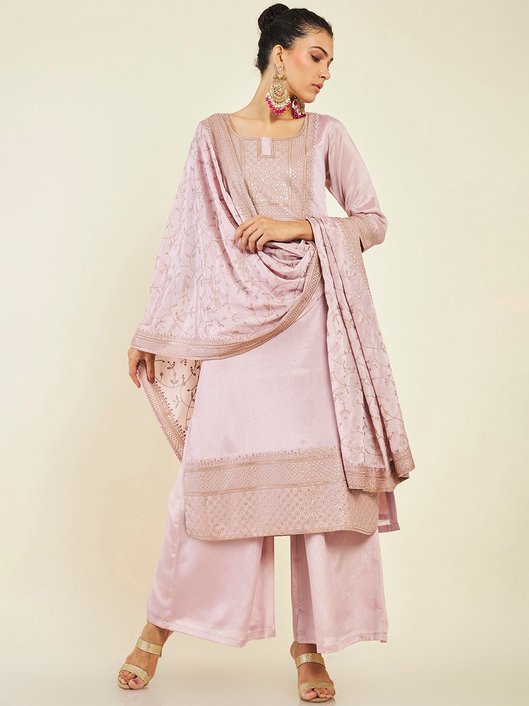 Dhiyona SO Women's Ethnic Motif Embroidered Sequinned Pure Wool Kurta with Palazzos & Dupatta