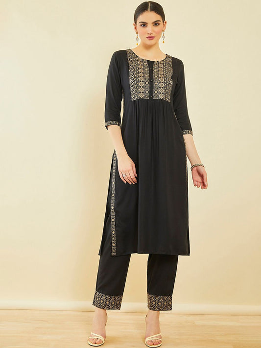 Dhiyona SO Women's Ethnic Motifs Yoke Design Pleated Thread Work Straight Kurta with Trousers